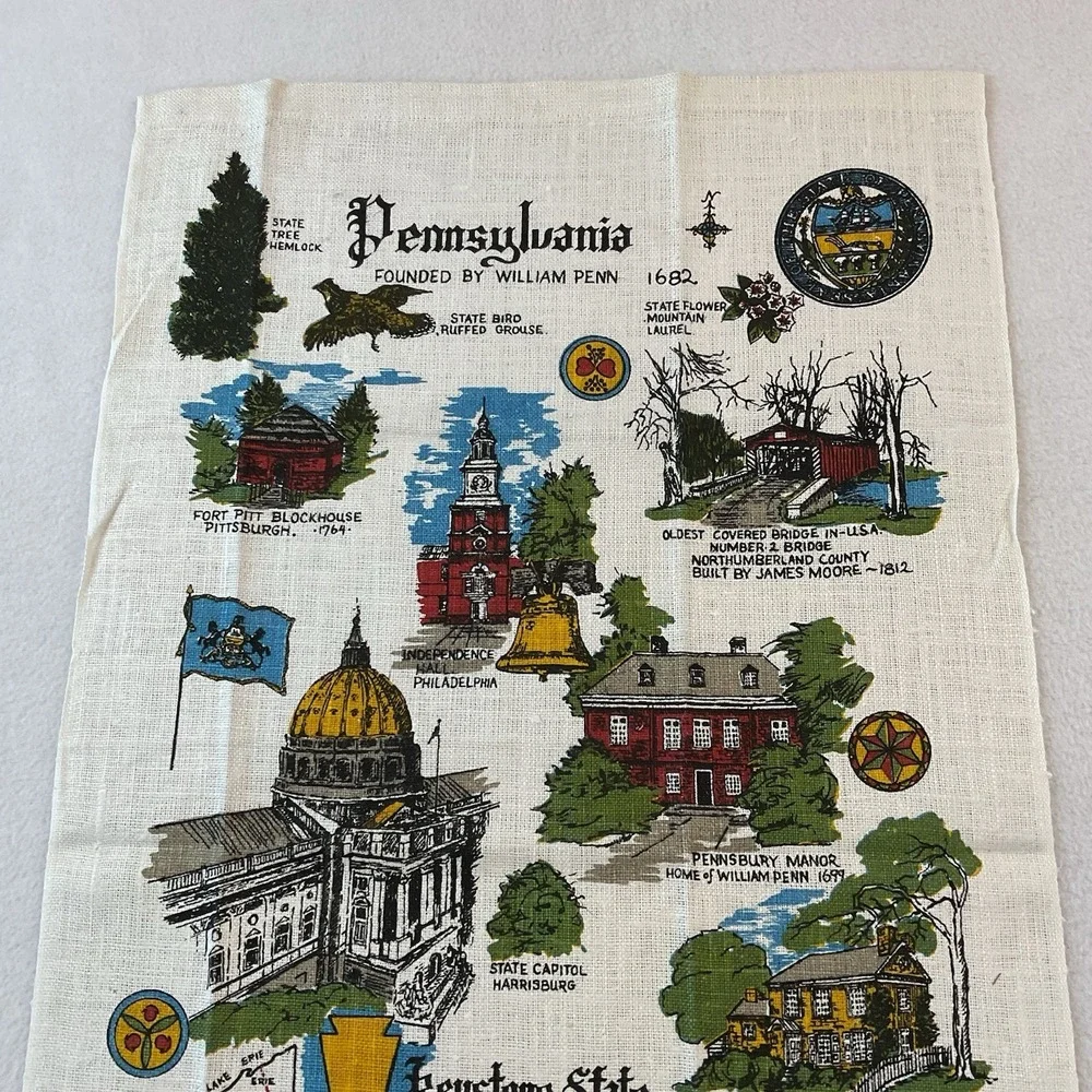 Kay Dee Handprints Linen Kitchen Towel Pennsylvania Map Tourist Attractions VTG